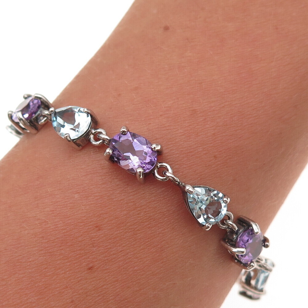 925 Sterling Silver Vintage Real Blue Topaz & Amethyst Bracelet 7.25"